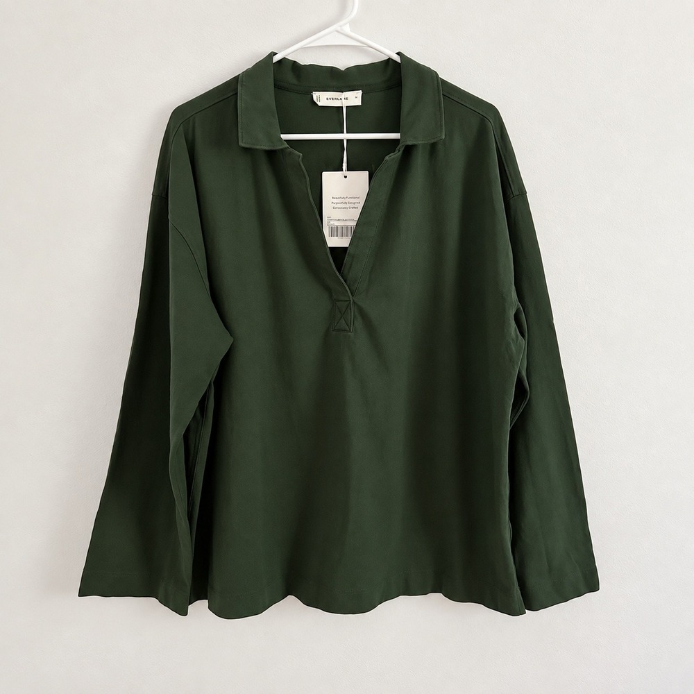 Everlane Womens Dark Green Mariner Rugby V-Neck Top Pullover XL New Cotton